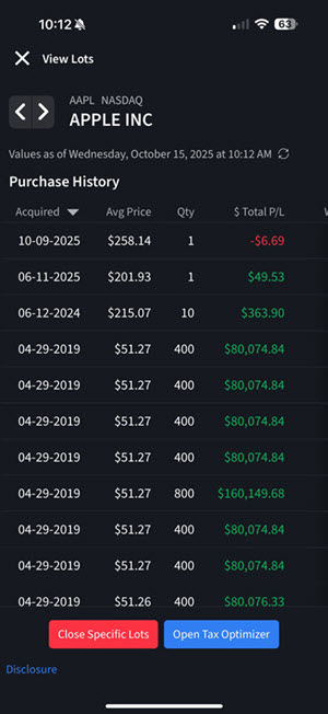 The view specific lots page on the iPhone. 